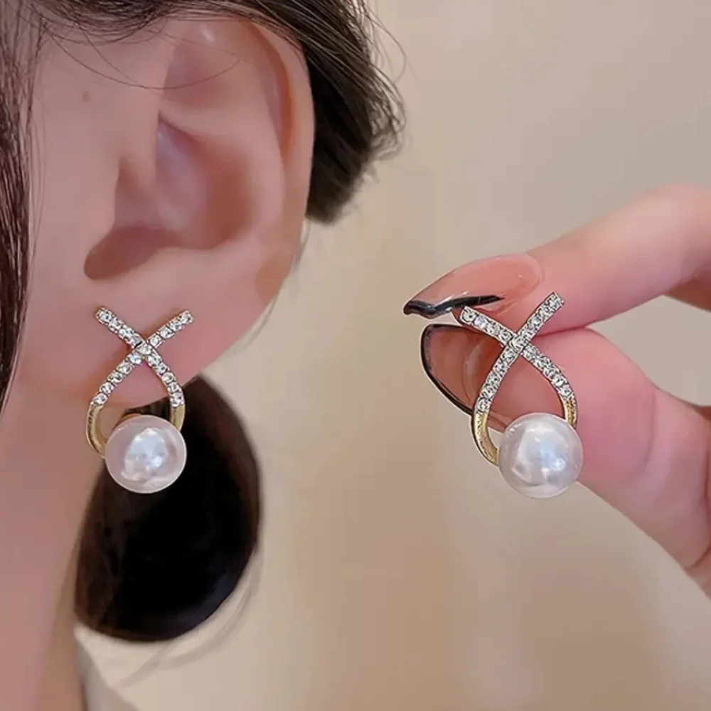 Gold Rhinestone Pearl Earrings - Picture 2 of 7